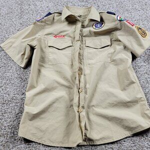 Boy Scouts Shirt Ladies Large Beige Short Sleeve Poly Blend Vented Patches BSA